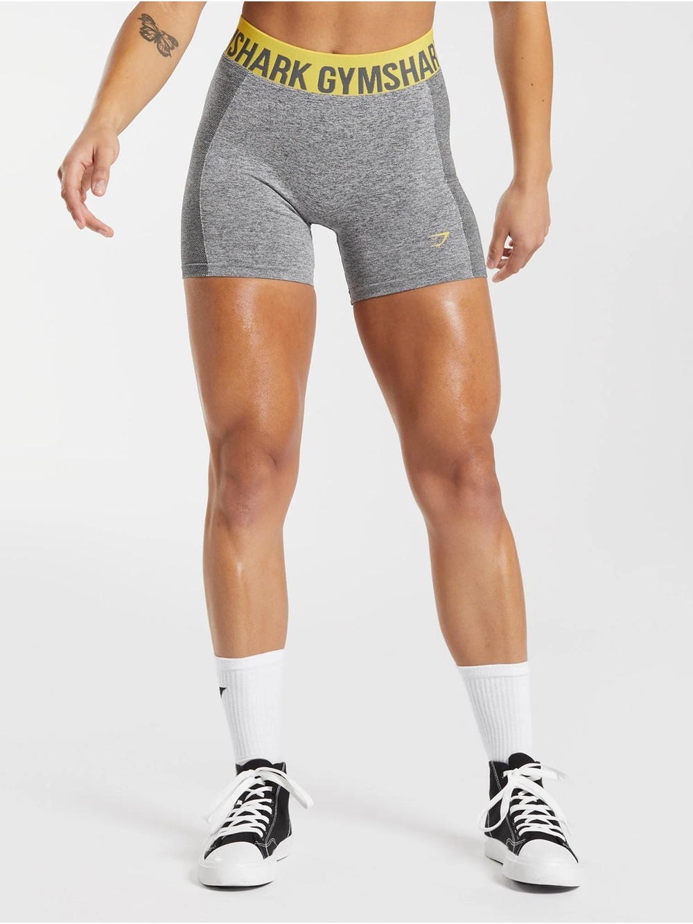 Gymshark Womens Seamless Grey Shorts with Yellow Waistband